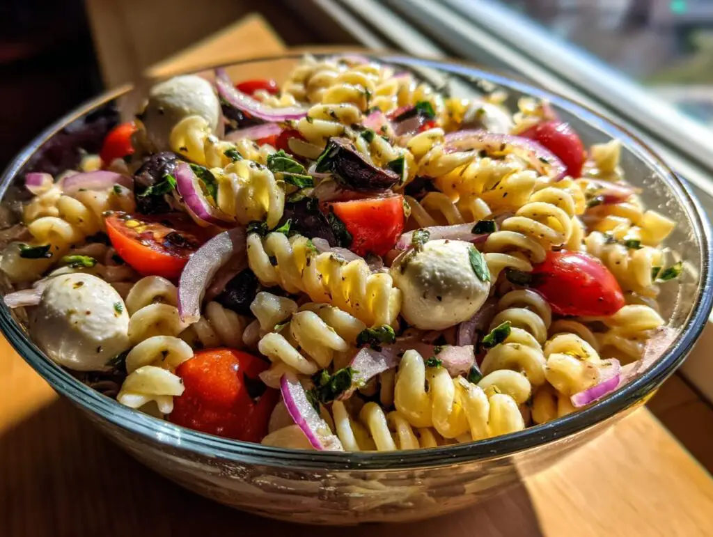 Close-up of a bowl of quick and easy Italian pasta salad, featuring pasta, tomatoes, mozzarella, and olives.