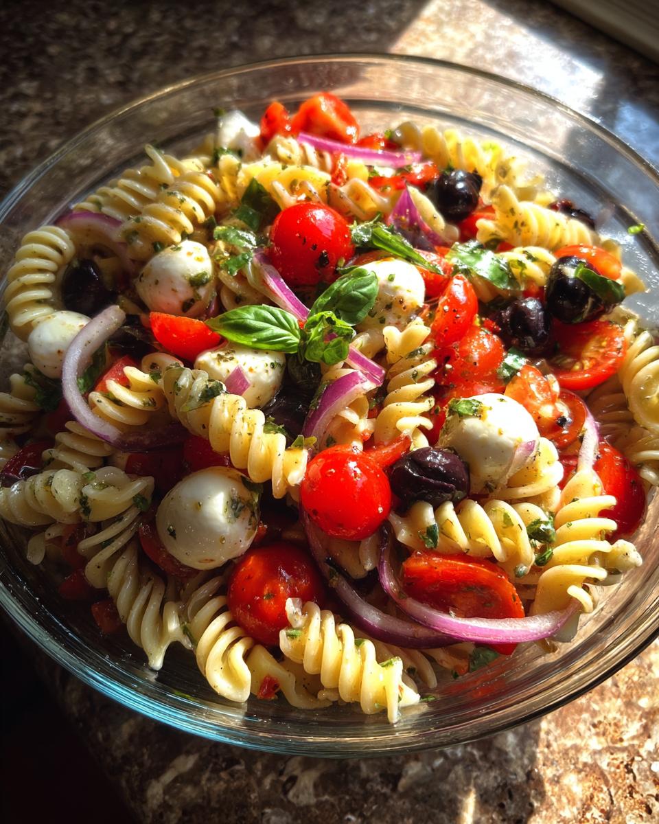 Amazing 25-min Italian pasta salad recipe 10 Close-up of a vibrant Italian pasta salad with tomatoes, mozzarella, and olives; a quick and easy Italian pasta salad recipe.