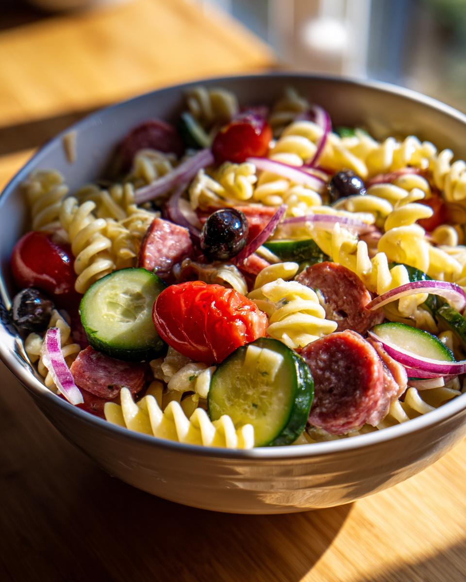 Close-up of a bowl of pasta salad recipes italian easy, with tomatoes, cucumbers, olives, and salami.