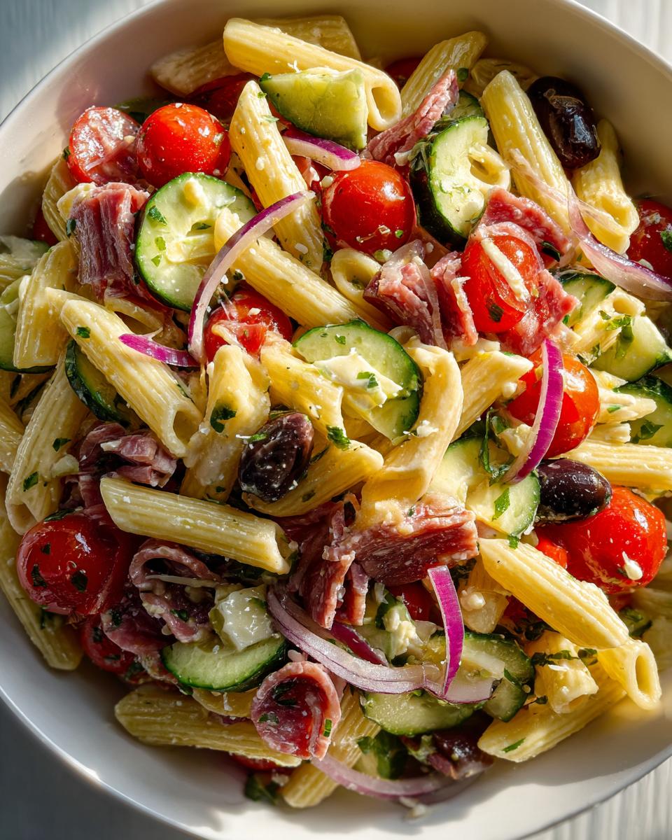 Close-up of a vibrant Italian pasta salad with penne, tomatoes, cucumbers, olives, and salami. This is one of our easy pasta salad recipes italian.