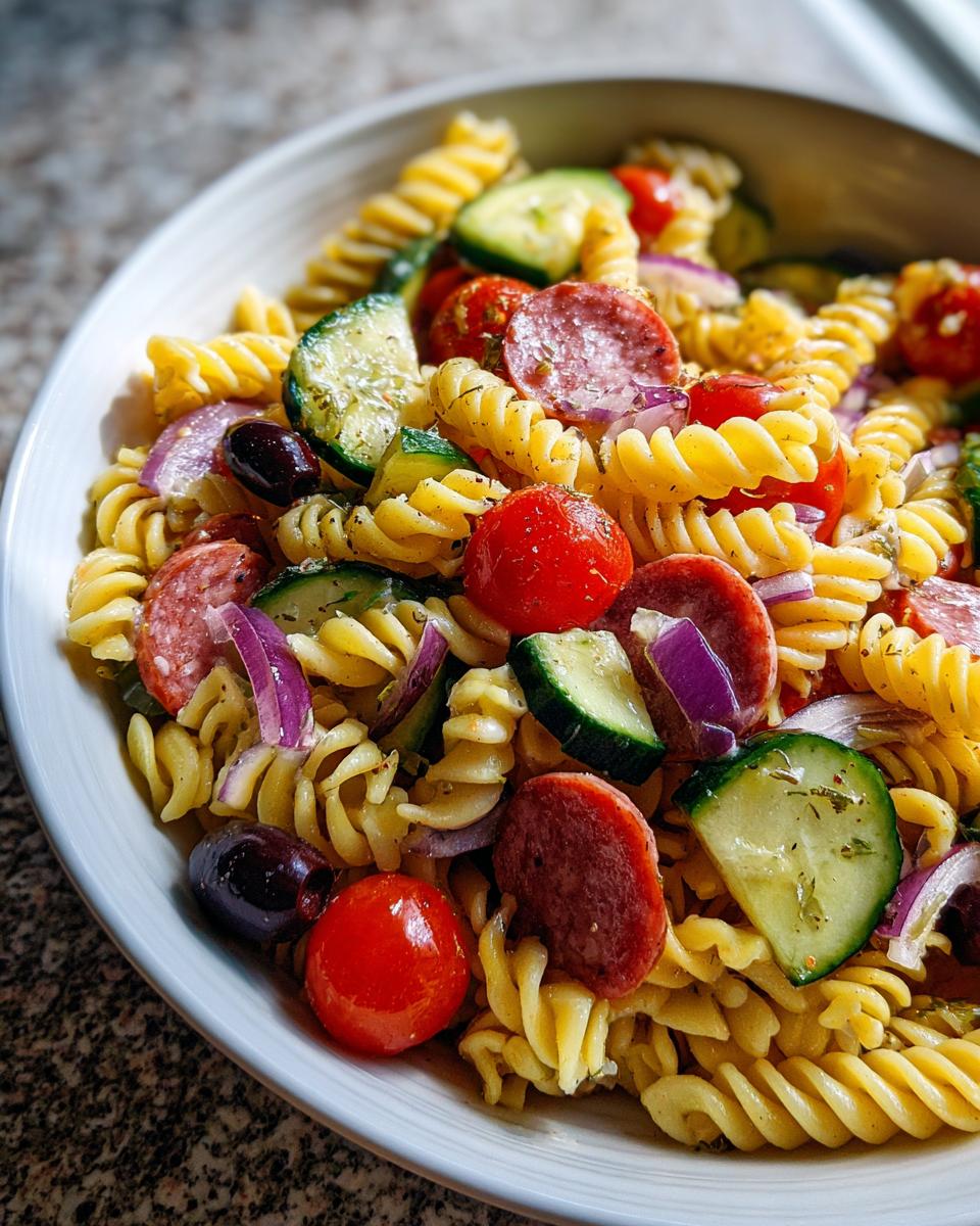 Close-up of a bowl of pasta salad recipes italian easy, with pasta, vegetables, and salami.