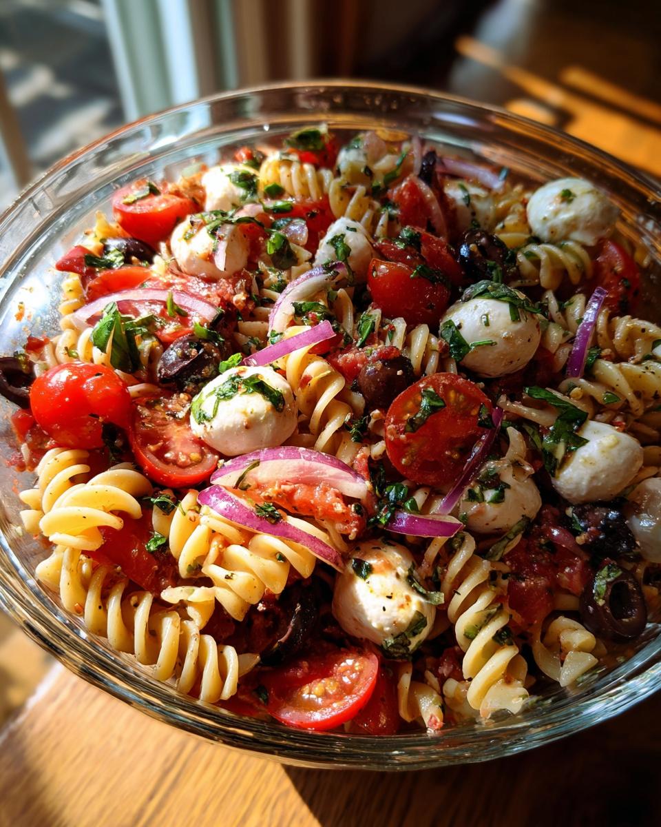 Amazing 25-min Italian pasta salad recipe 9 Close-up of a bowl of Italian pasta salad, featuring mozzarella, tomatoes, and olives. This is one of our quick and easy Italian pasta salad recipes.