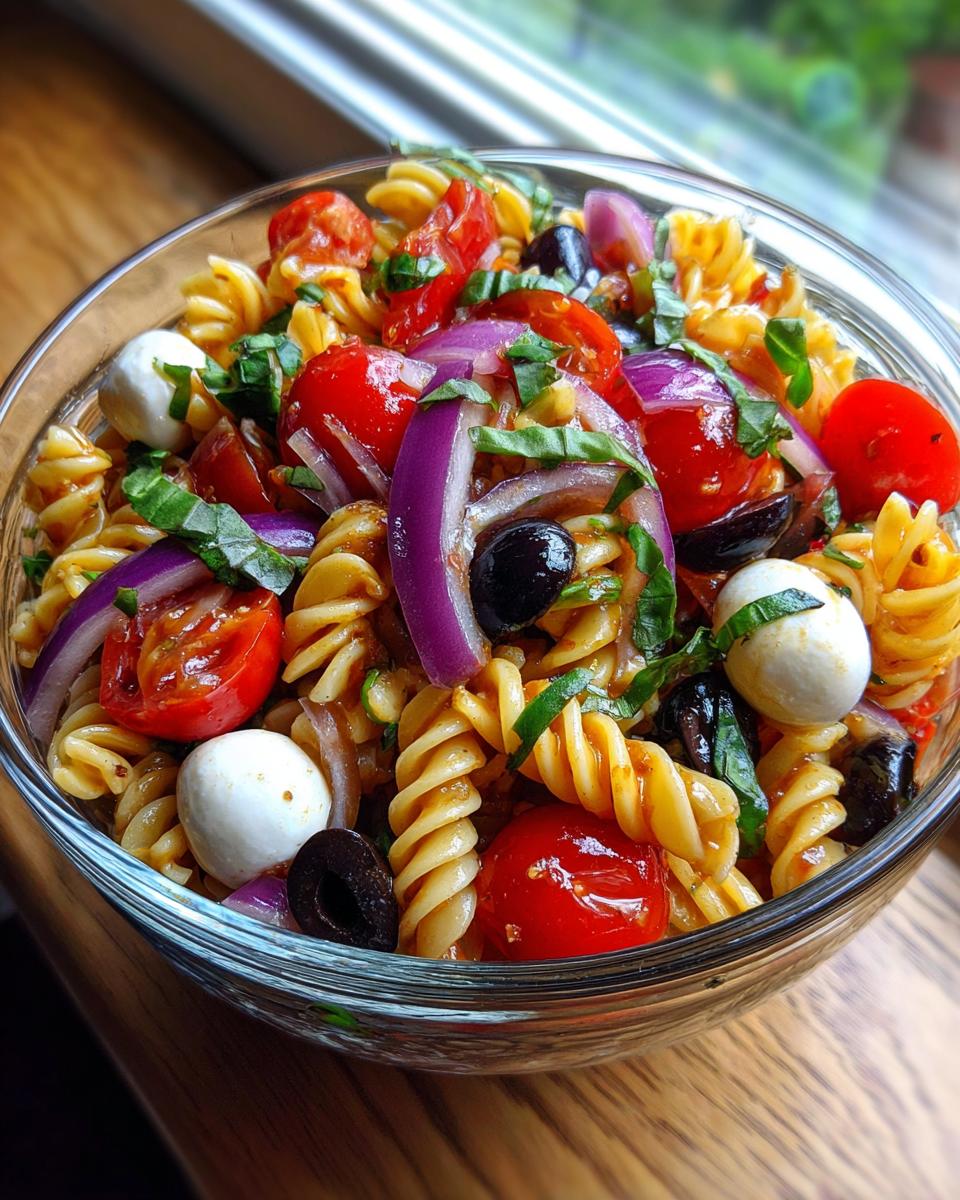 Amazing 25-min Italian pasta salad recipe 7 Close-up of a bowl of quick and easy Italian pasta salad with tomatoes, mozzarella, and olives.