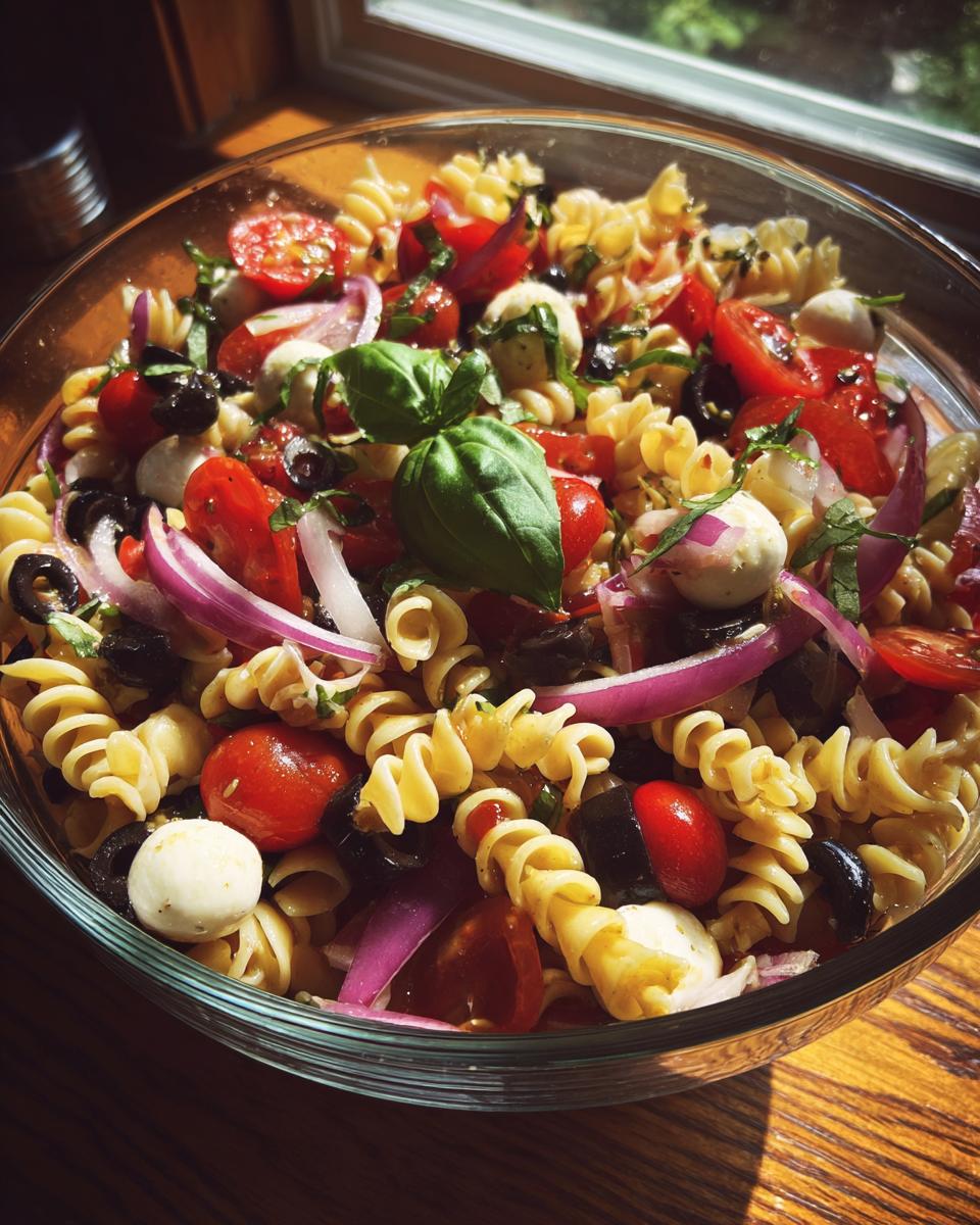 Amazing 25-min Italian pasta salad recipe 8 Close-up of a bowl of quick and easy Italian pasta salad with tomatoes, mozzarella, olives, and basil.