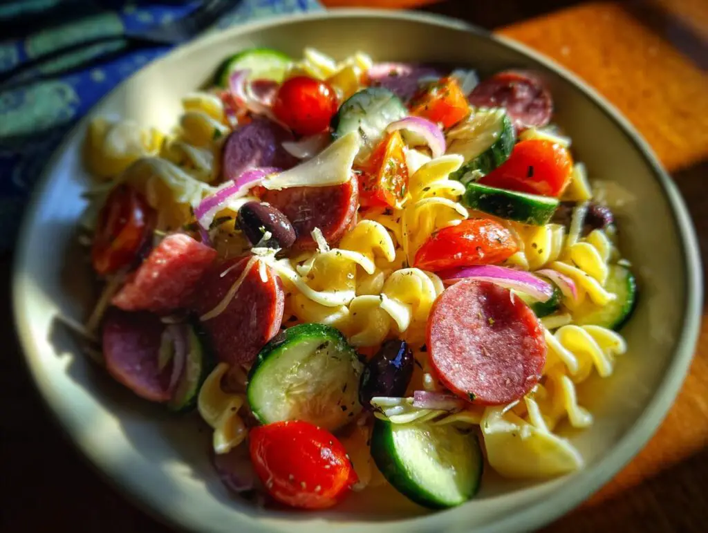 Close-up of a bowl of Italian pasta salad recipes easy, with salami, tomatoes, and cucumbers.