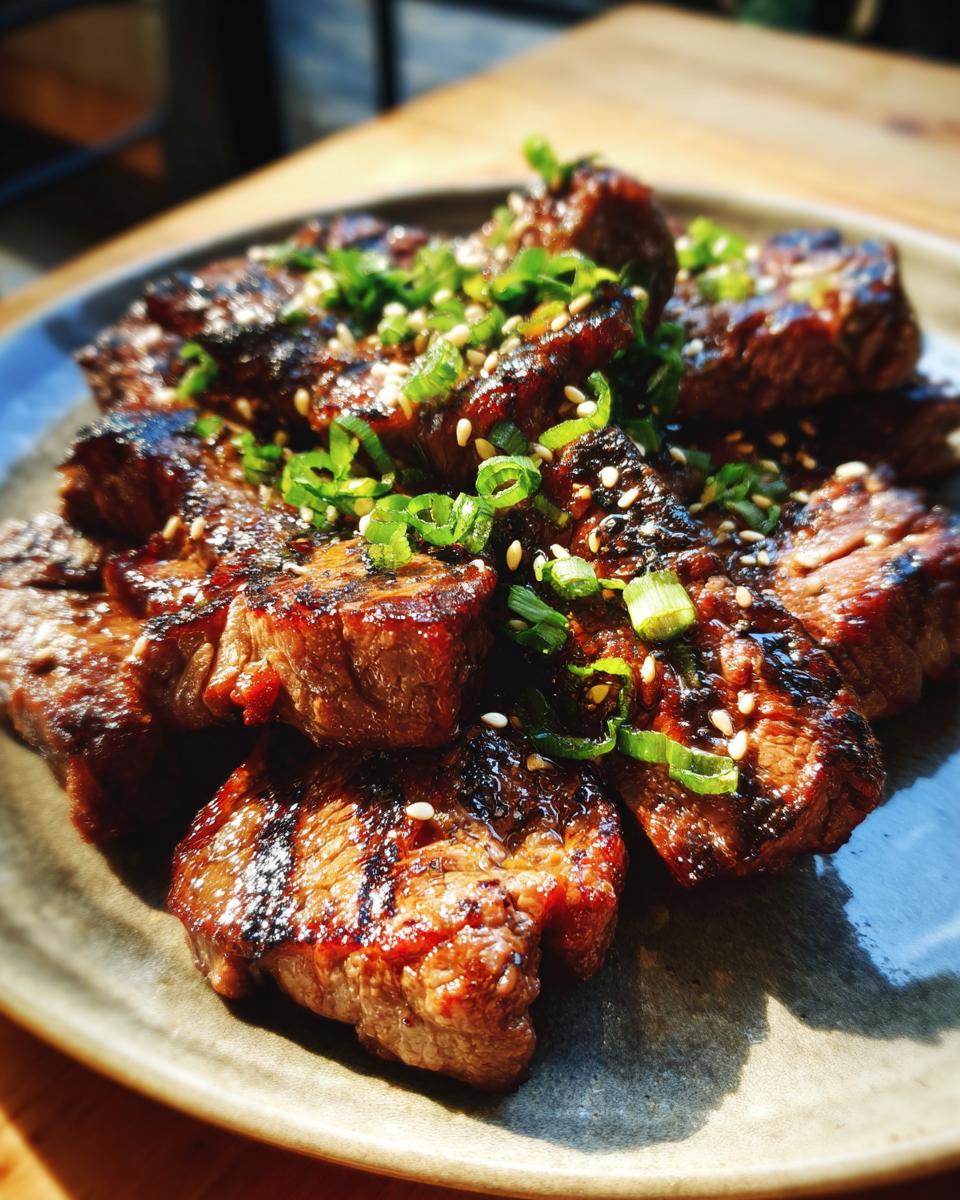 Close-up of Korean BBQ Beef Short Ribs, grilled and garnished with green onions and sesame seeds.