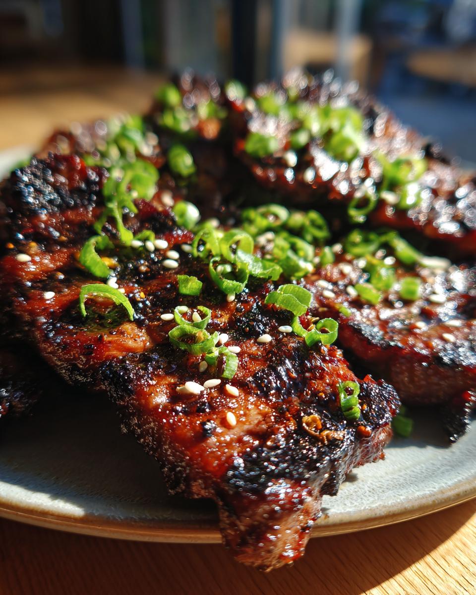 Close-up of Korean BBQ Beef Short Ribs, garnished with sesame seeds and green onions.