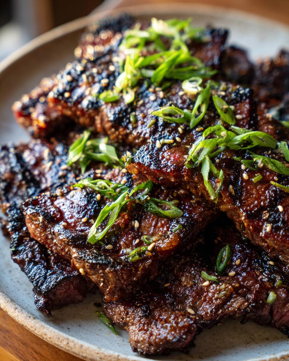 Close-up of grilled Korean BBQ Beef Short Ribs, garnished with sesame seeds and green onions.