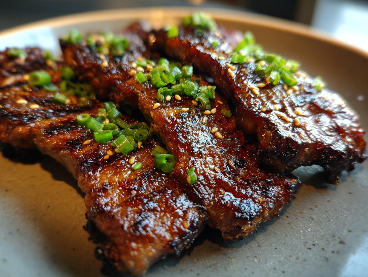 Close-up of grilled Korean BBQ Beef Short Ribs, garnished with green onions and sesame seeds.