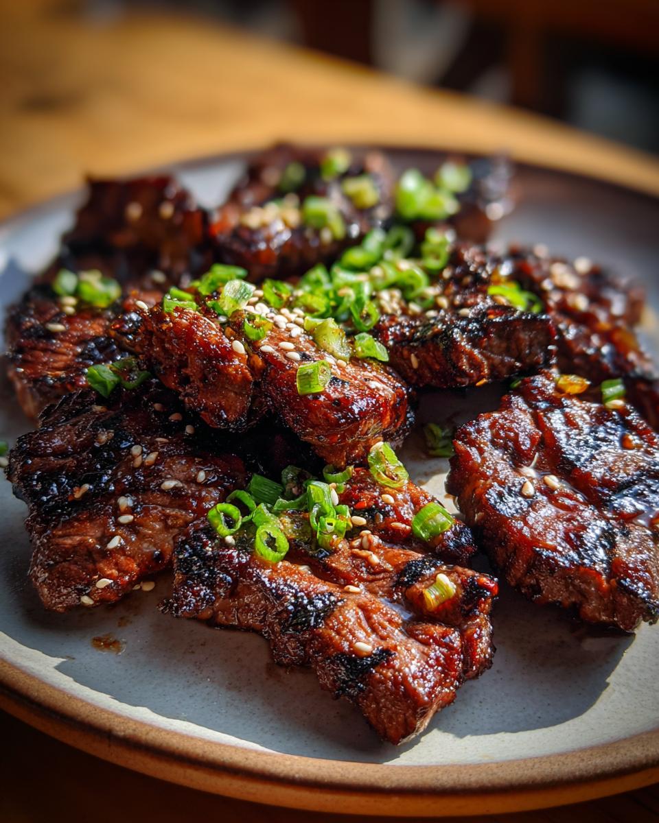 Close-up of plated Korean BBQ Beef Short Ribs, garnished with sesame seeds and green onions.