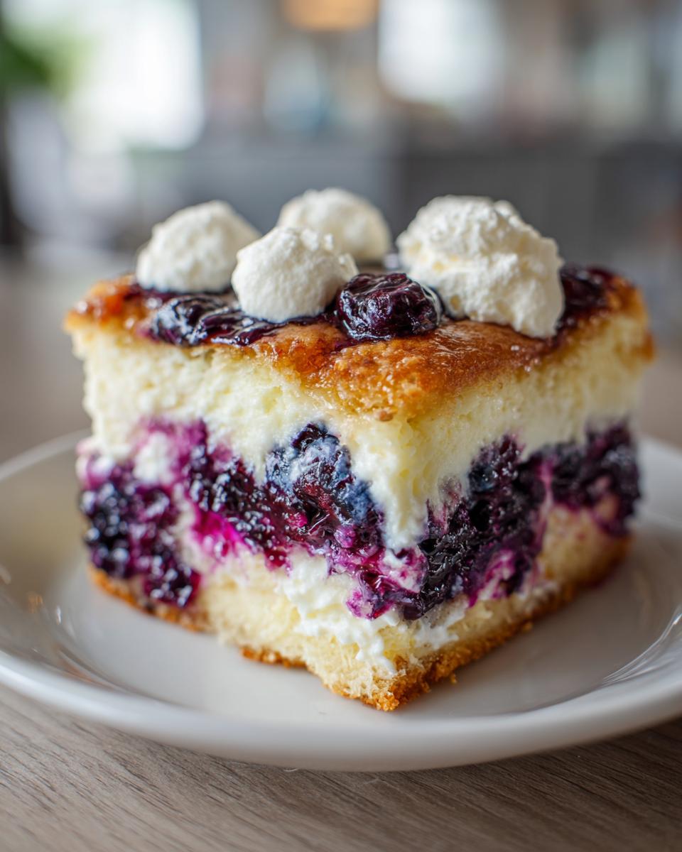 A slice of Lemon Blueberry Cheesecake Dump Cake on a white plate, showing layers of cake, blueberries, and cream.