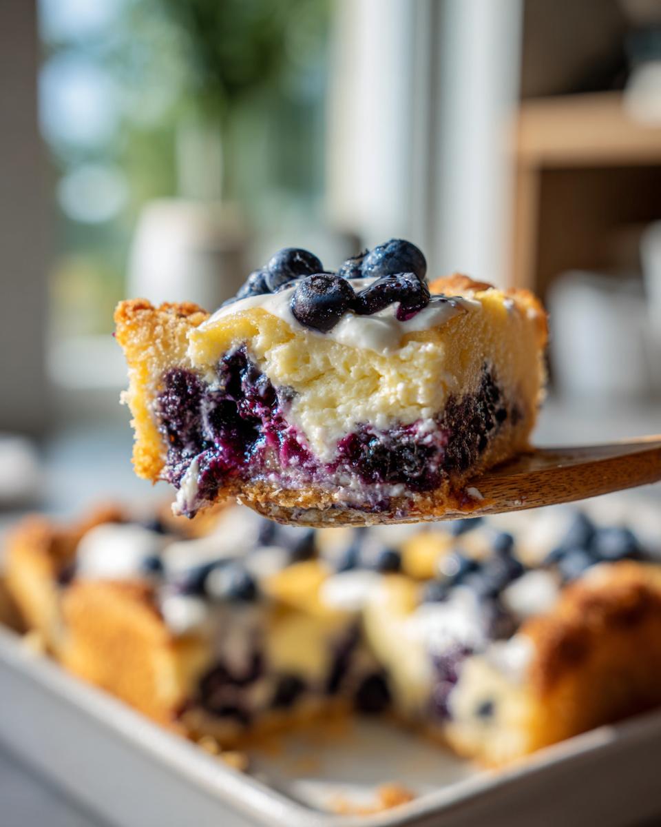 Close-up of a slice of Lemon Blueberry Cheesecake Dump Cake, showing blueberries and creamy filling.