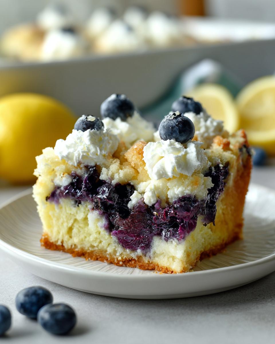 Close-up of a slice of Lemon Blueberry Cheesecake Dump Cake topped with whipped cream and blueberries.