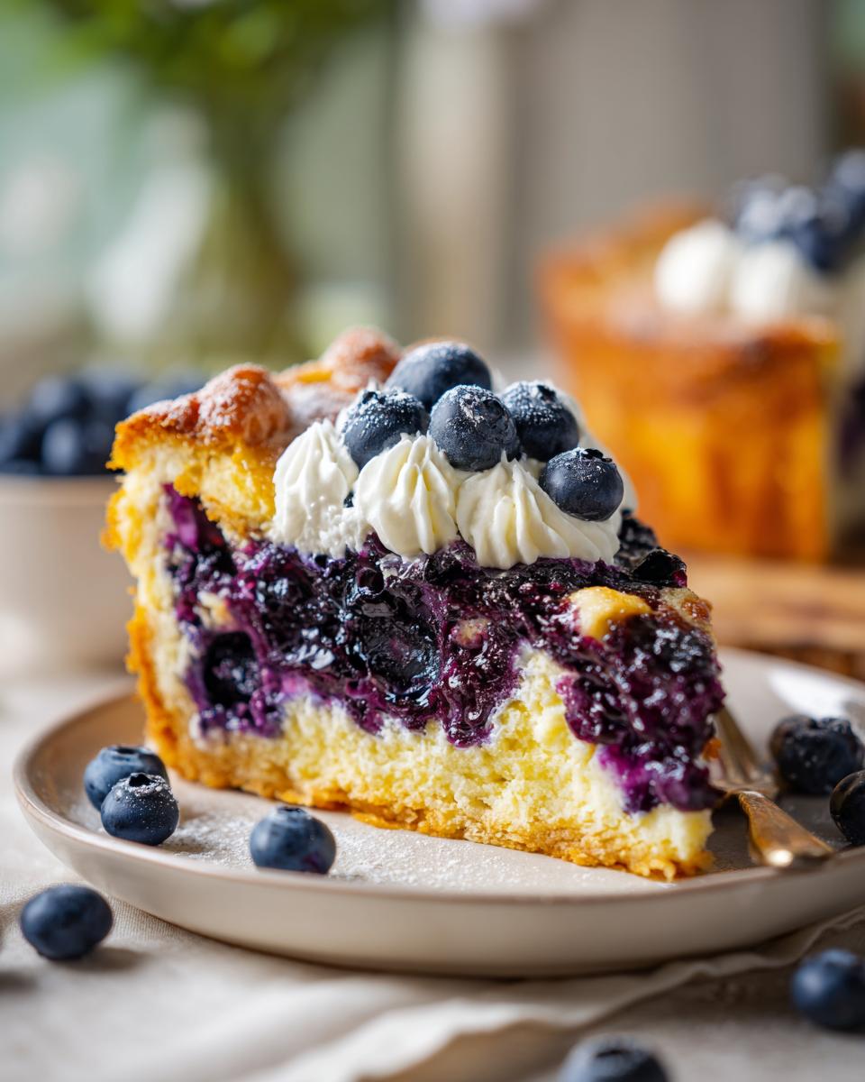 Close-up of a slice of Lemon Blueberry Cheesecake Dump Cake, topped with whipped cream and fresh blueberries.