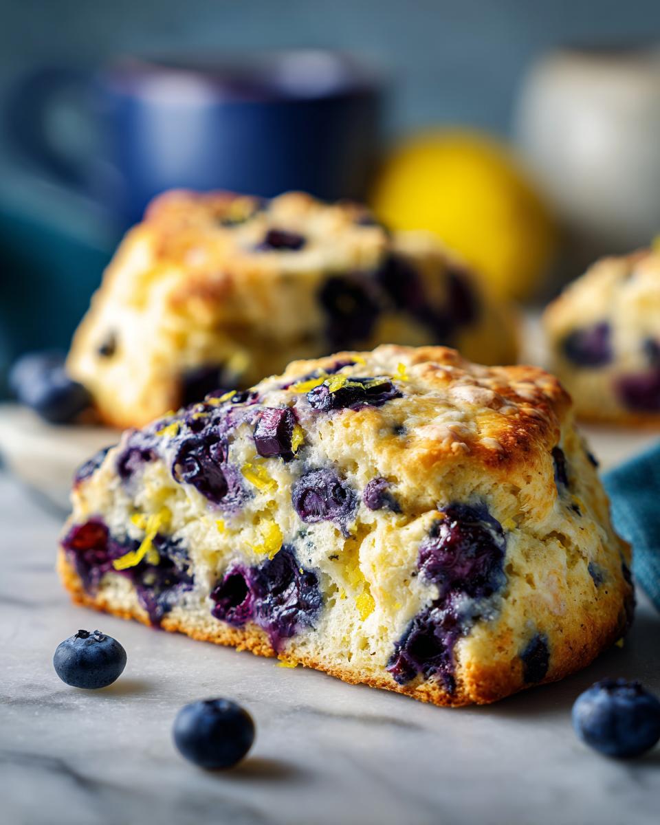 Close-up of a fresh Lemon Blueberry Scone, showing blueberries and lemon zest.