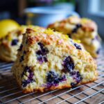 Close-up of a delicious Lemon Blueberry Scone with fresh blueberries and lemon zest.