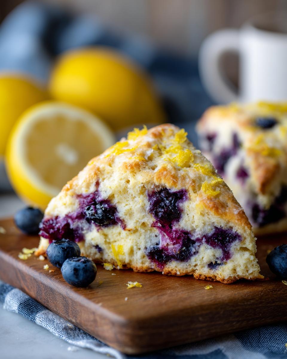 Close-up of a slice of Lemon Blueberry Scone on a wooden board with fresh blueberries and lemon zest.