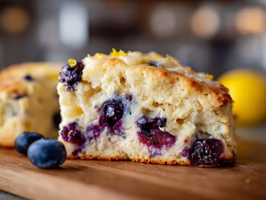 Close-up of a delicious Lemon Blueberry Scone slice with fresh blueberries and lemon zest.