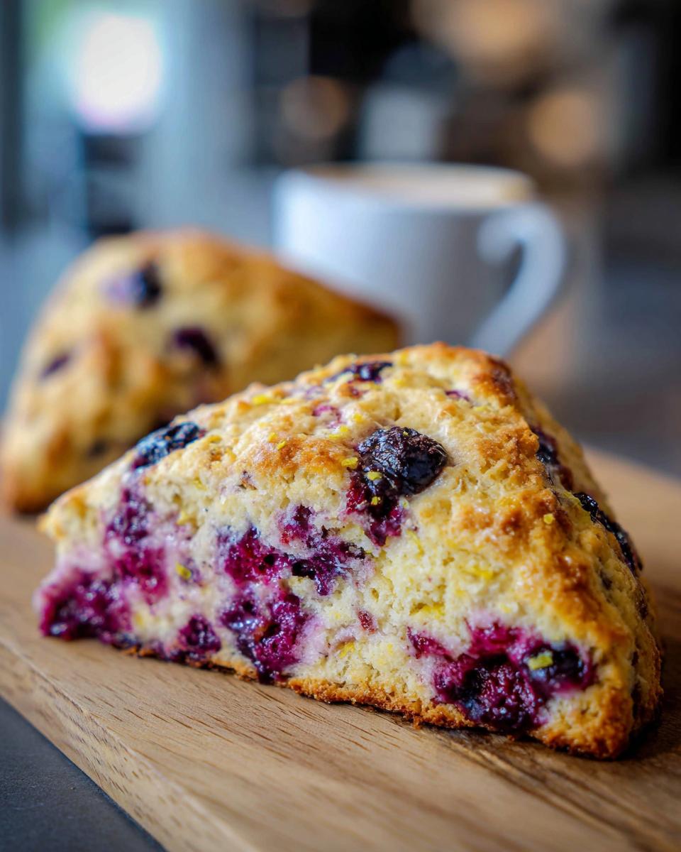 Close-up of a delicious Lemon Blueberry Scone, showing the juicy blueberries and lemon zest.