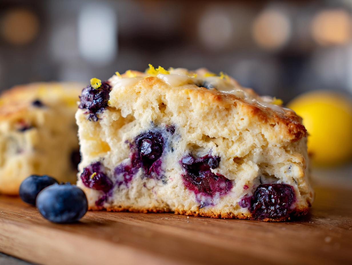 Close-up of a delicious Lemon Blueberry Scone slice with fresh blueberries and lemon zest.