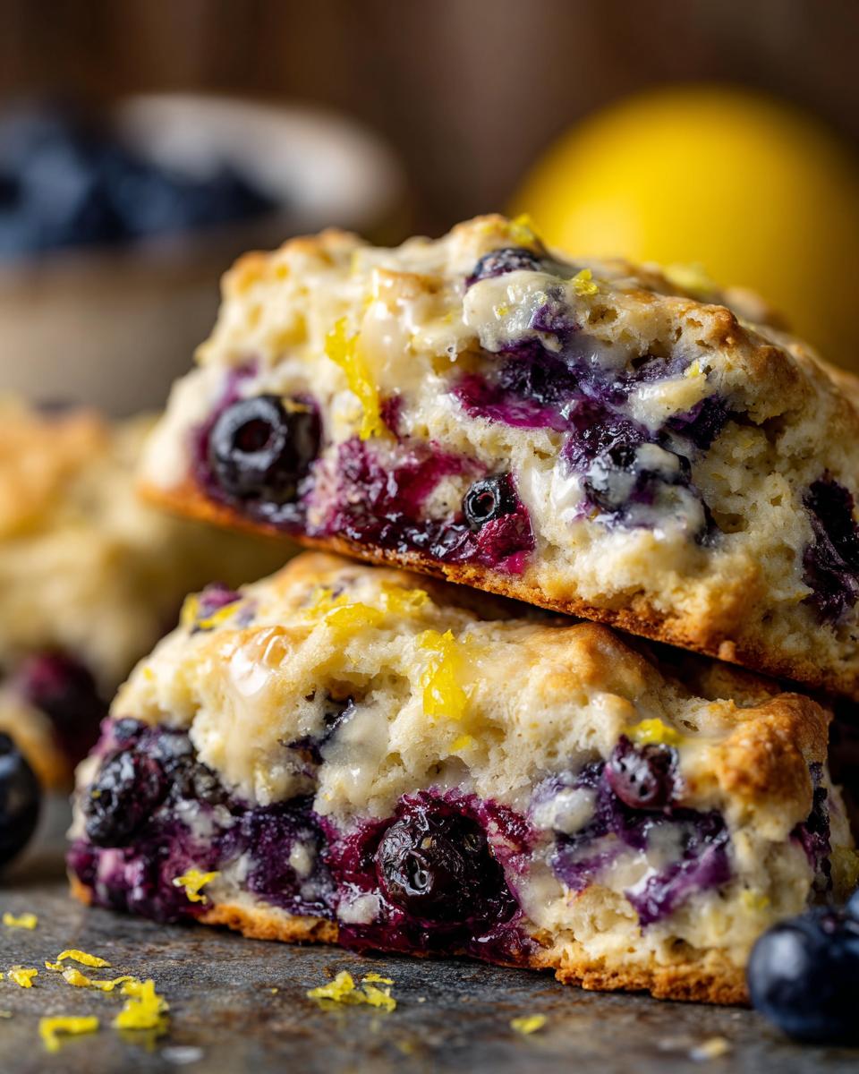 Close-up of two Lemon Blueberry Scones, showing blueberries and lemon zest.