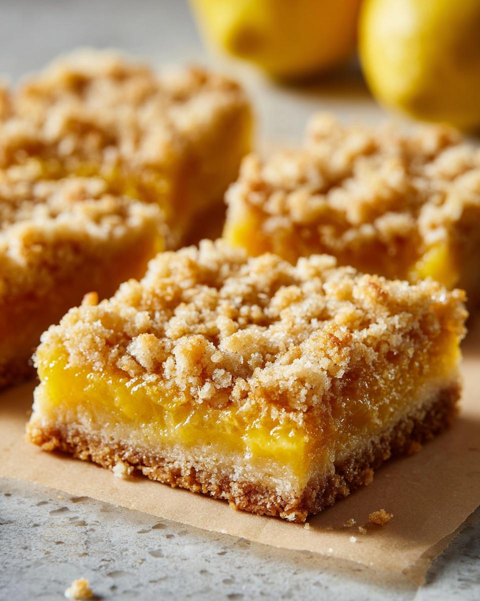 Amazing Lemon Crumb Bars: 1 Pan Bliss 7 Close-up of a square Lemon Crumb Bar with a crumb topping, showing the layers of the dessert.