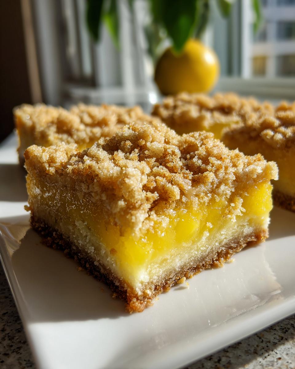 Amazing Lemon Crumb Bars: 1 Pan Bliss 8 Close-up of a delicious Lemon Crumb Bar on a white plate, showing the layers of crust, lemon filling, and crumb topping.