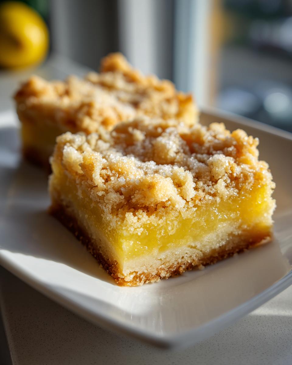 Amazing Lemon Crumb Bars: 1 Pan Bliss 9 Close-up of two delicious Lemon Crumb Bars on a white plate, showing the crumb topping and lemon filling.