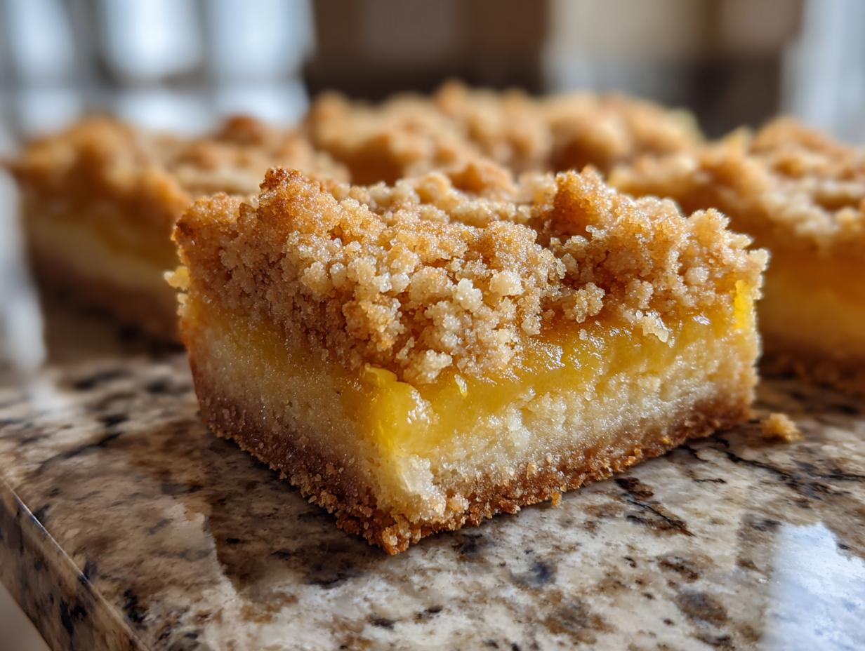 Amazing Lemon Crumb Bars: 1 Pan Bliss 6 Close-up of a delicious Lemon Crumb Bar with a crumb topping, perfect for dessert.