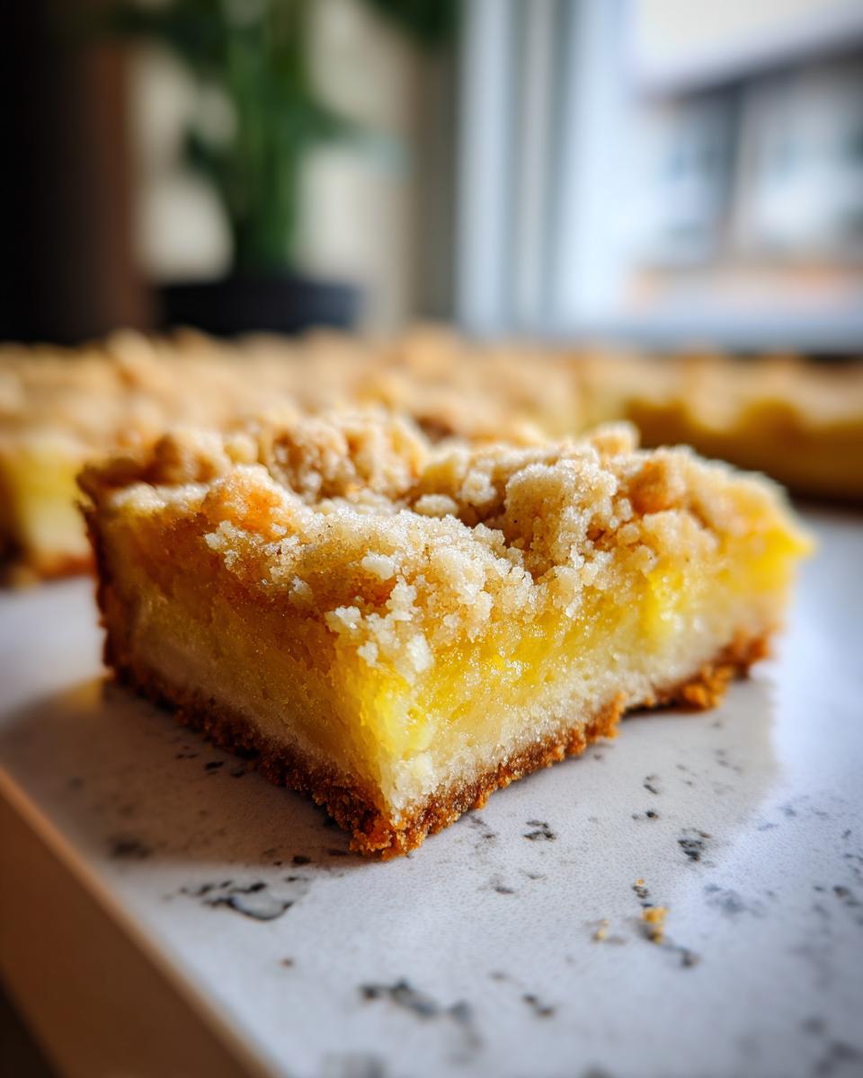 Amazing Lemon Crumb Bars: 1 Pan Bliss 10 Close-up of a slice of Lemon Crumb Bars, showing the crumb topping and lemon filling.