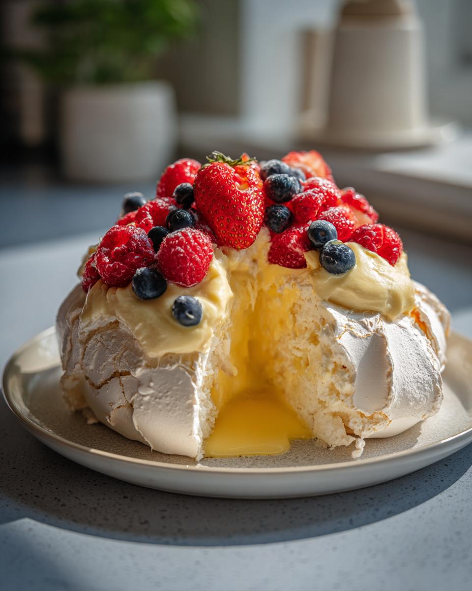 A slice of Lemon Curd Pavlova with fresh berries, showing the creamy lemon curd filling.