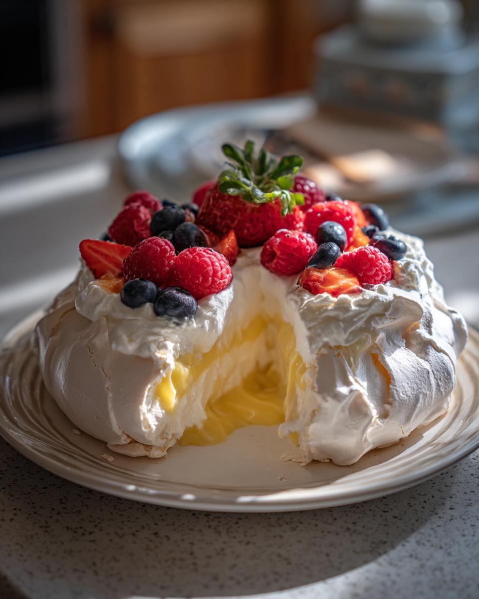 A slice of Lemon Curd Pavlova with fresh berries, showing the lemon curd filling.