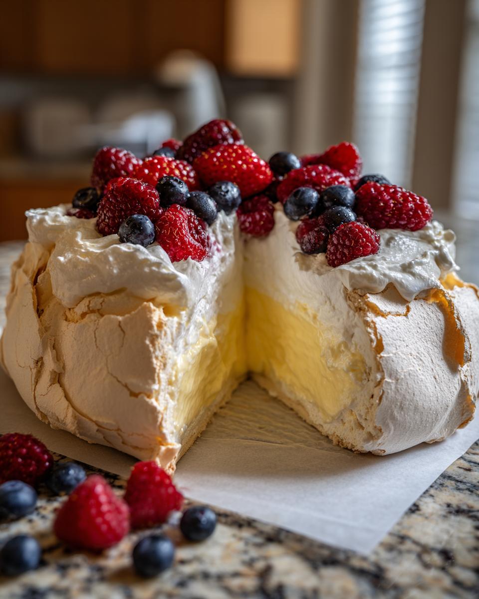 A slice cut from a Lemon Curd Pavlova, topped with whipped cream and fresh berries.