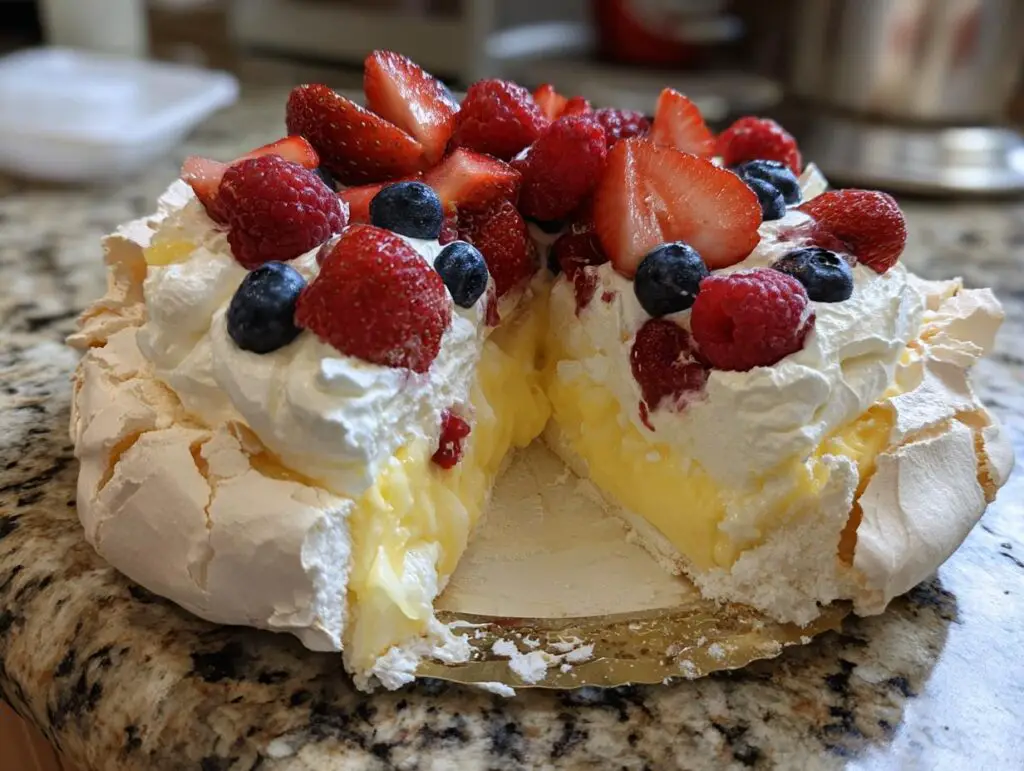 Close-up of a Lemon Curd Pavlova dessert with fresh berries and whipped cream.