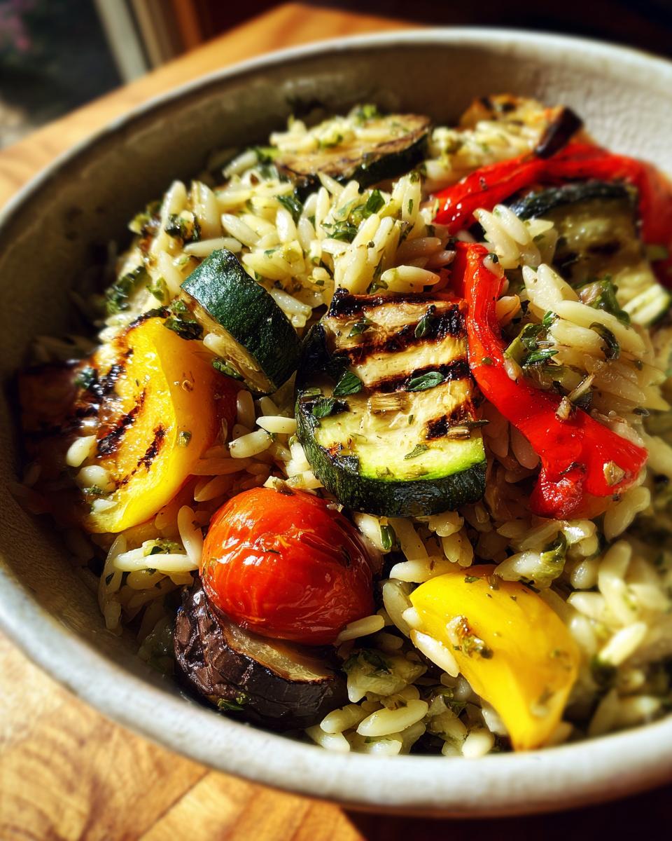 Close-up of Lemon Herb Orzo with Grilled Vegetables, including zucchini, peppers, and tomatoes.