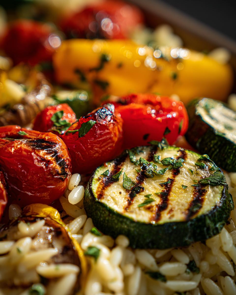 Close-up of grilled vegetables (zucchini, tomatoes) with Lemon Herb Orzo.