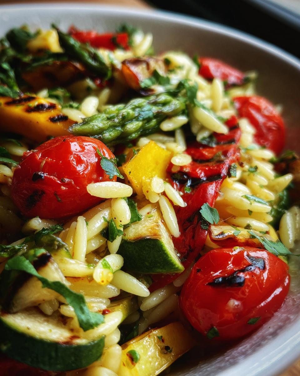 Close-up of Lemon Herb Orzo with Grilled Vegetables, including tomatoes, asparagus, and zucchini.