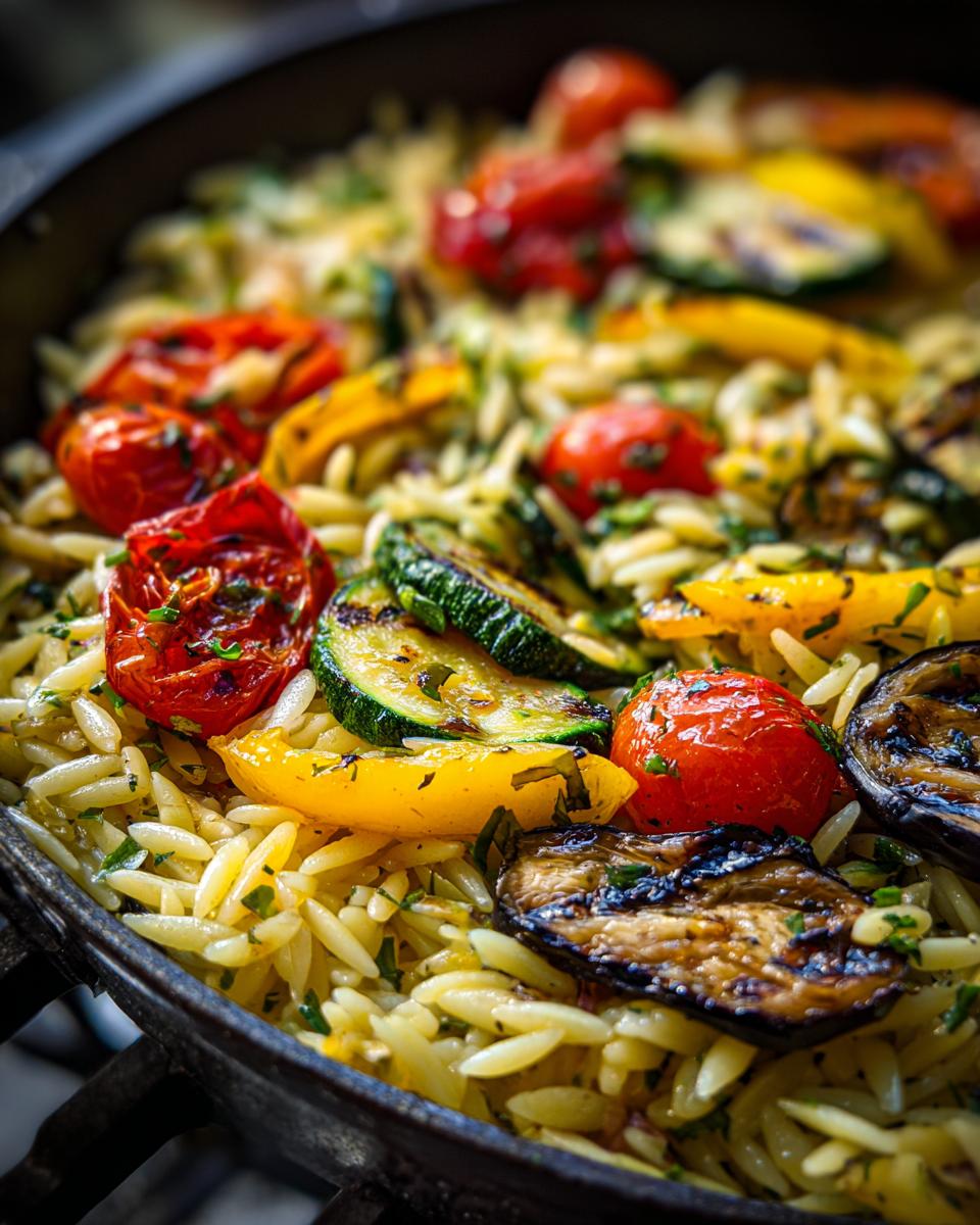 Close-up of Lemon Herb Orzo with Grilled Vegetables, including tomatoes, zucchini, and eggplant.