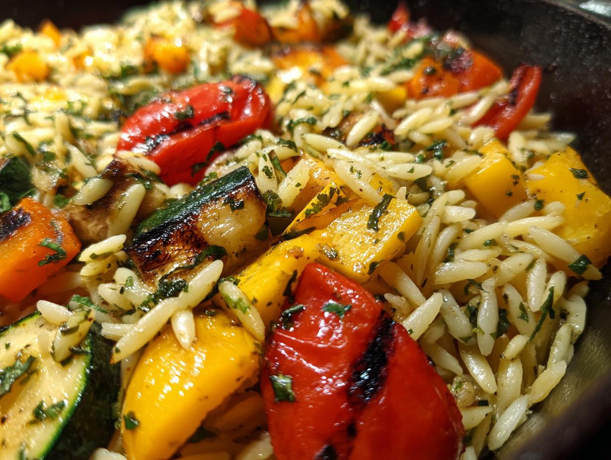 Close-up of Lemon Herb Orzo with Grilled Vegetables, including bell peppers, zucchini, and herbs.