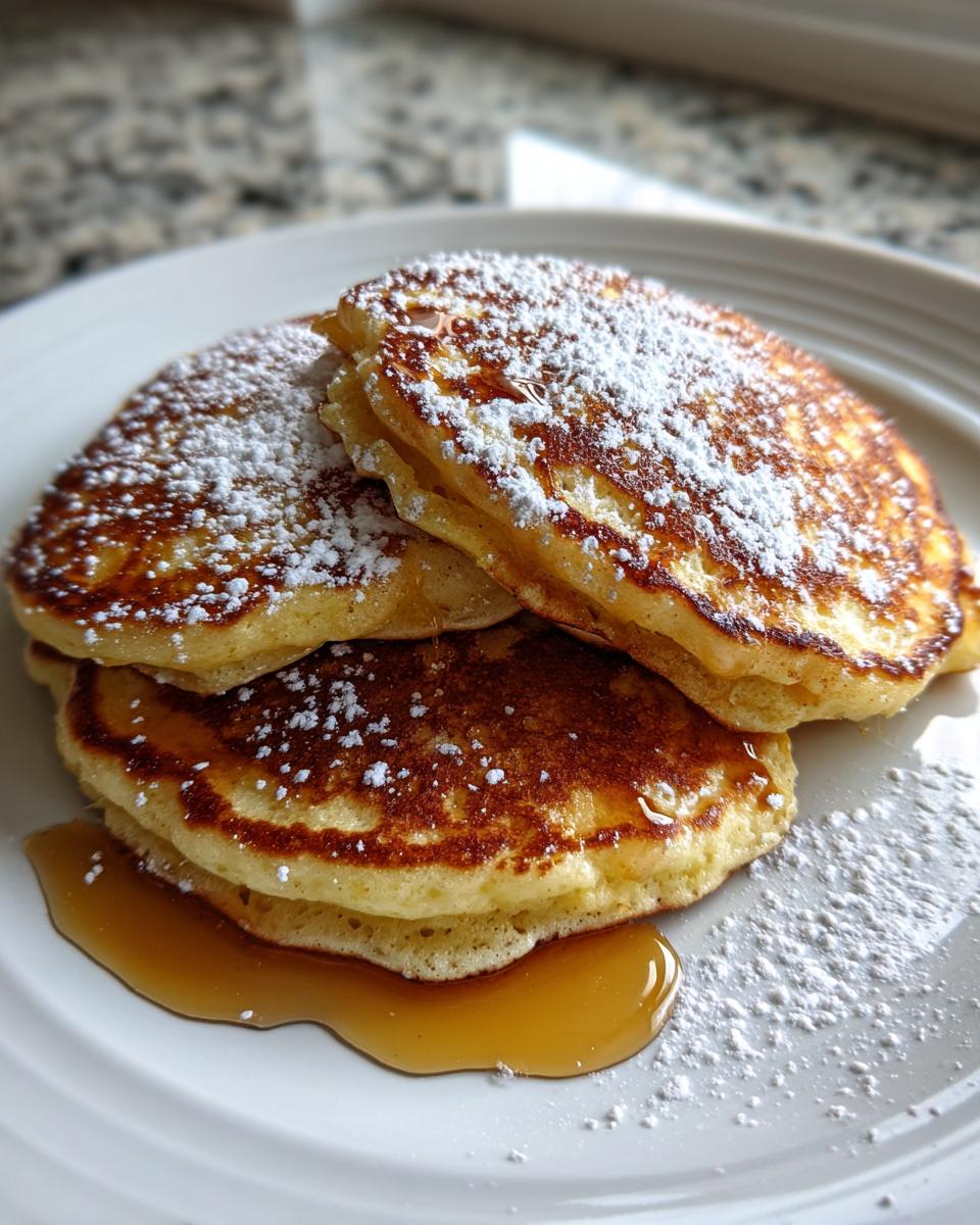 Stack of fluffy Lemon Ricotta Pancakes topped with powdered sugar and syrup on a white plate.