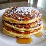 Stack of fluffy Lemon Ricotta Pancakes drizzled with syrup and dusted with powdered sugar.