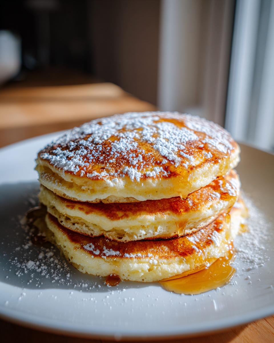 A stack of golden Lemon Ricotta Pancakes topped with powdered sugar and syrup.
