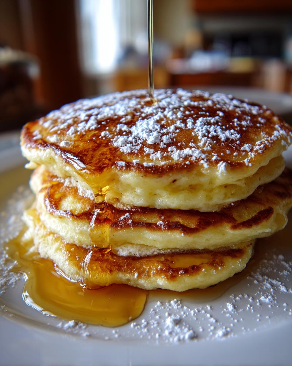 Stack of fluffy Lemon Ricotta Pancakes with powdered sugar and syrup pouring over them.
