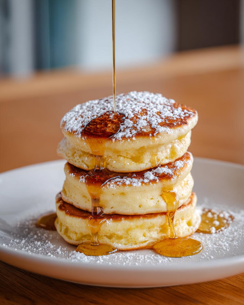 Stack of fluffy Lemon Ricotta Pancakes drizzled with syrup and dusted with powdered sugar.