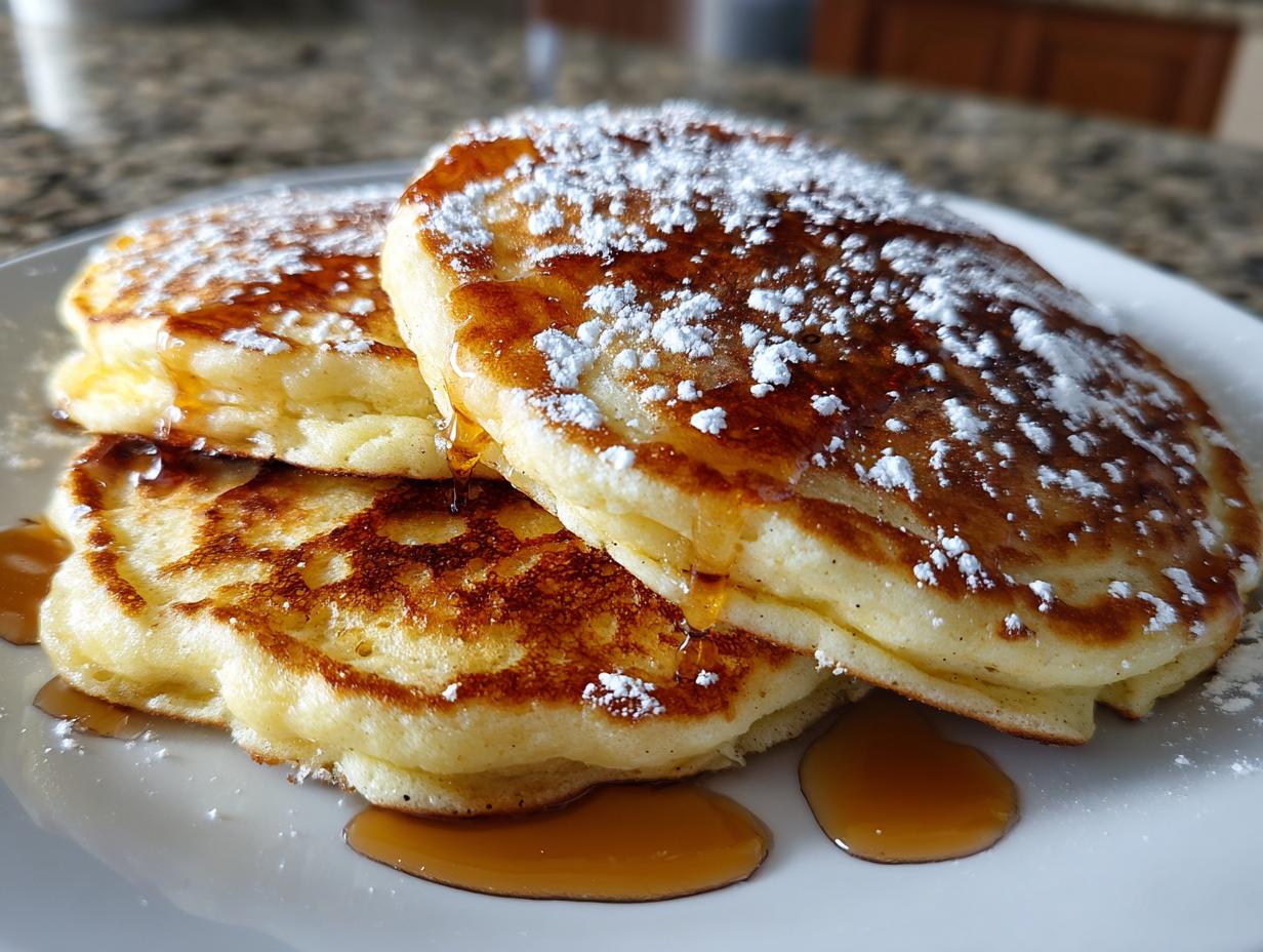 Stack of fluffy Lemon Ricotta Pancakes drizzled with syrup and dusted with powdered sugar.