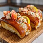 Close-up of two Lobster Rolls with Lemon Butter on a wooden board. The Lobster Rolls are filled with lobster meat and garnished with lemon.