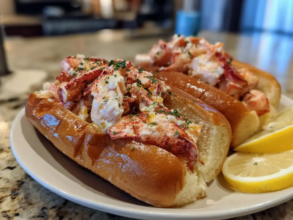 Two gourmet Lobster Rolls with Lemon Butter on a plate, garnished with parsley and lemon wedges.