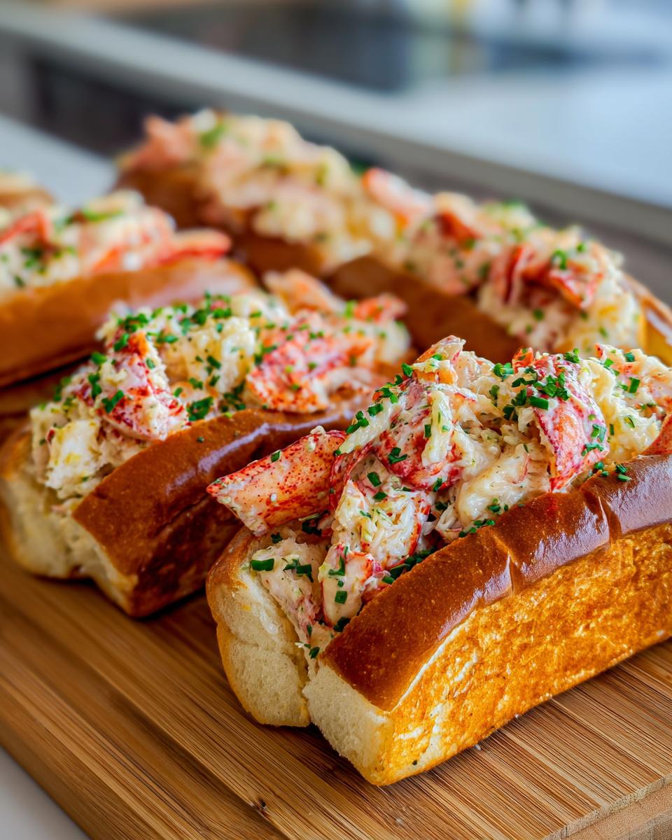 Close-up of delicious Lobster Rolls with Lemon Butter on a wooden board. The Lobster Rolls are filled with fresh lobster meat.