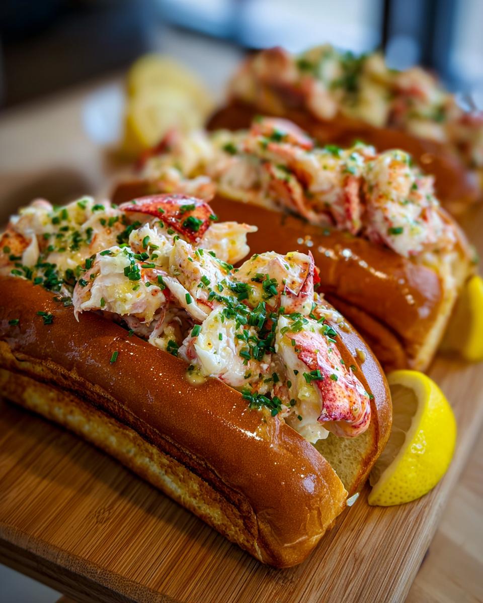 Close-up of fresh lobster rolls with lemon butter, showcasing the lobster meat and toasted buns.