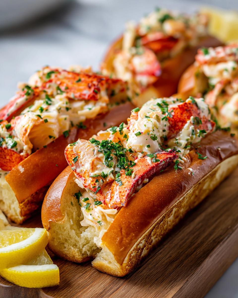 Close-up of fresh Lobster Rolls with Lemon Butter, served on toasted buns with lemon wedges.